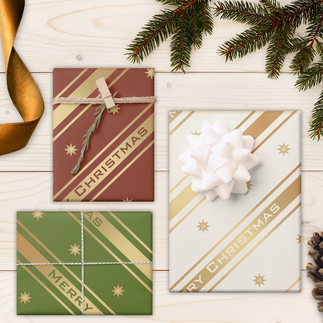 Classic Chic Gold US Flagge Weihnachten Geschenkpapier Set (Elegant classic gold striped Christmas wrapping paper with stars.)