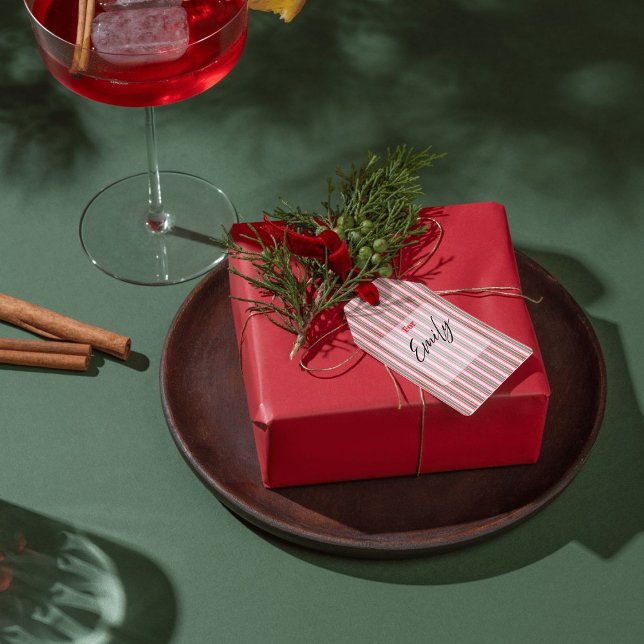 Classic Christmas Green Red Stripes  Geschenkanhänger (Use this Classic Christmas Tag to spread the holiday cheer. Customizable with your family name.)