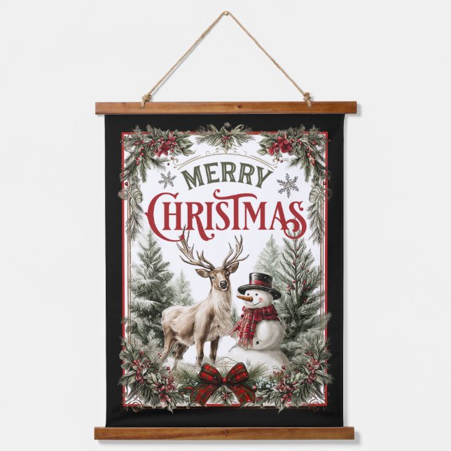 Classic Christmas Greeting – Snowman and Reindeer  Wandteppich Mit Holzrahmen (Vorderseite)
