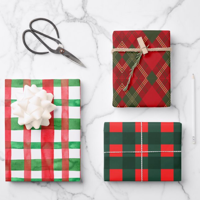 Classic Christmas Kariert Red Green Geschenkpapier Set (Vorderseite)