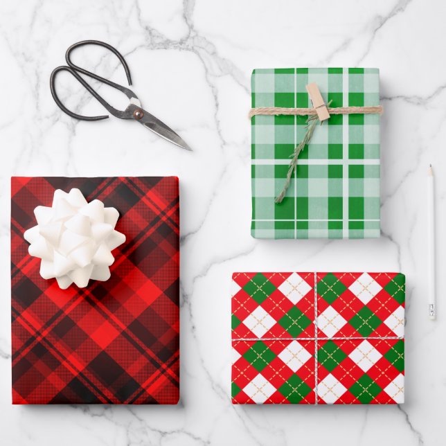 Classic Christmas Kariert Red White Green Geschenkpapier Set (Vorderseite)