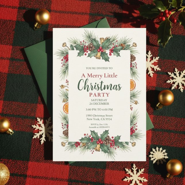 Classic Christmas Party Invitation Holly Frame Einladung (Traditional Christmas)