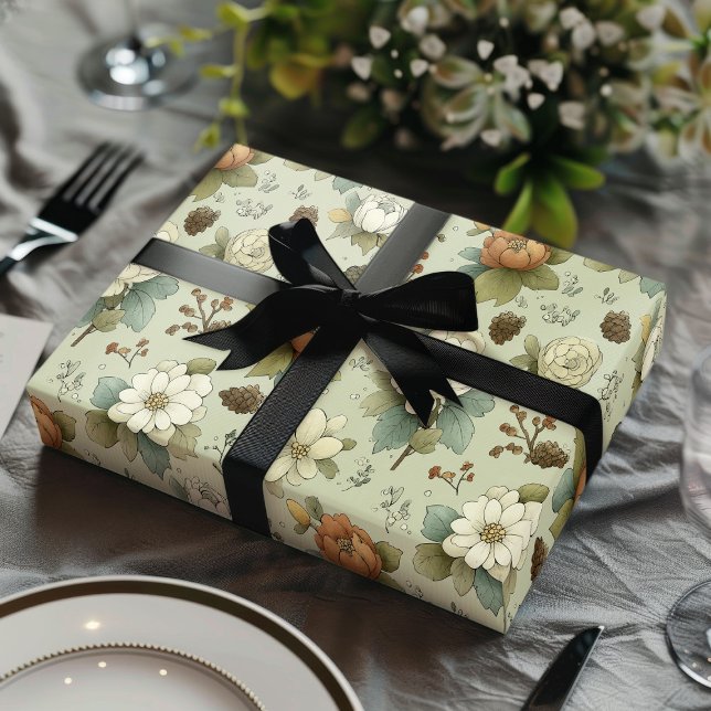 Classic Christmas Peach and Sage Green Floral Gift Geschenkpapier Set (Von Creator hochgeladen)