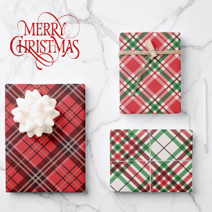 Classic Christmas Plaid Green Red 3 Coordination Geschenkpapier Set