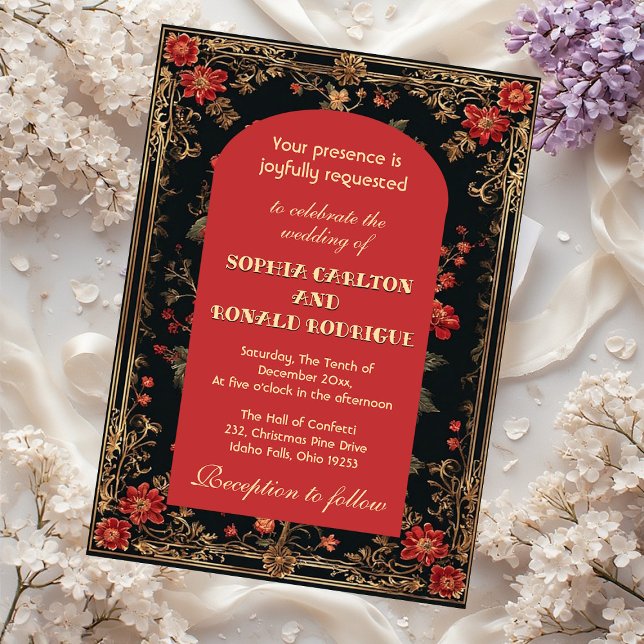 Classic Christmas Red Chinoiserie Floral Wedding  Einladung (Classic Christmas Red Chinoiserie Floral Wedding Invitation)