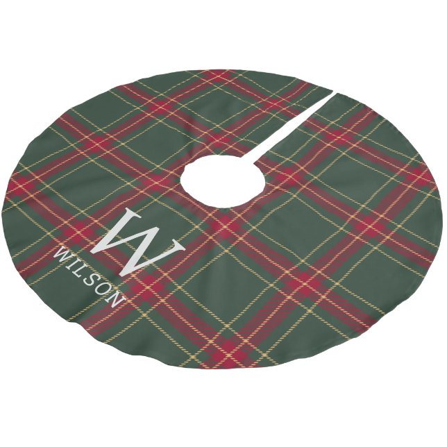 Classic Christmas Tartan Plaid Monogram Polyester Weihnachtsbaumdecke (Schrägansicht)