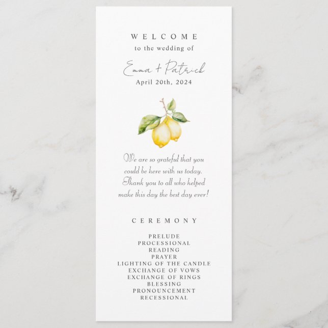 Classic Citrus Lemon Summer Wedding Programm (Vorderseite)