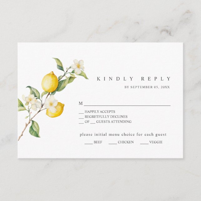 Classic Citrus Lemon Summer Wedding RSVP Card Begleitkarte (Vorderseite)