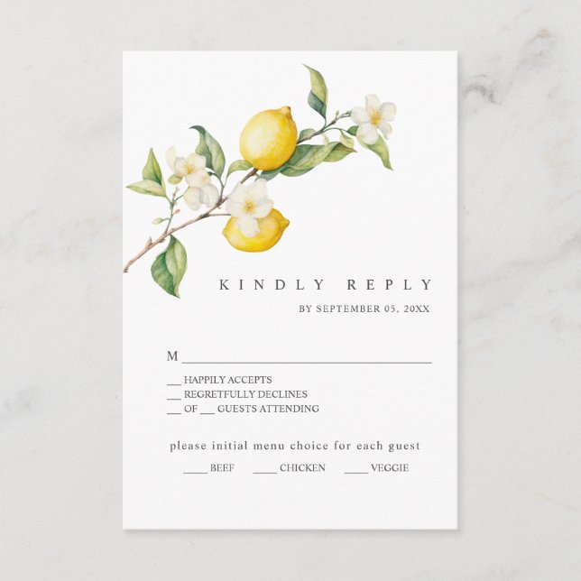 Classic Citrus Lemon Summer Wedding RSVP Card Begleitkarte (Vorderseite)