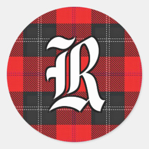 Classic Clan Ramsay Red and Black Tartan Monogram Runder Aufkleber