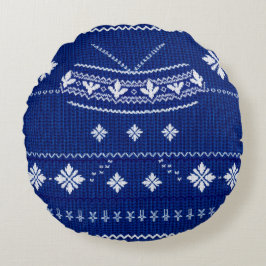 Classic Cobalt Blue & White Nordic Snowflake Knitt Rundes Kissen