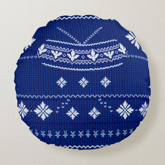 Classic Cobalt Blue & White Nordic Snowflake Knitt Rundes Kissen (Vorderseite)