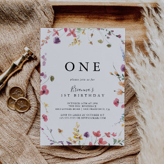 Classic Colorful Wild Floral Erster Geburtstag Par Einladung