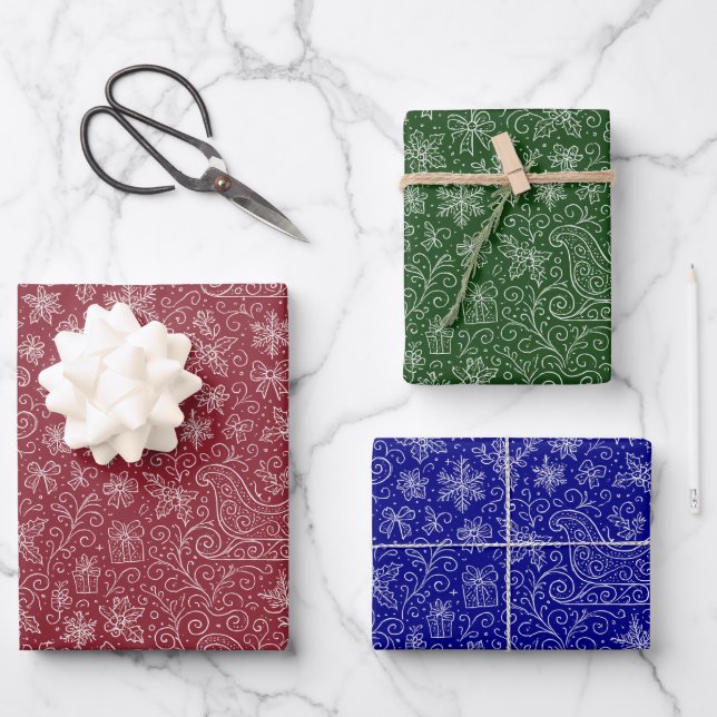 Classic Colors Doodle Weihnachtsmuster Geschenkpapier Set (Vorderseite)