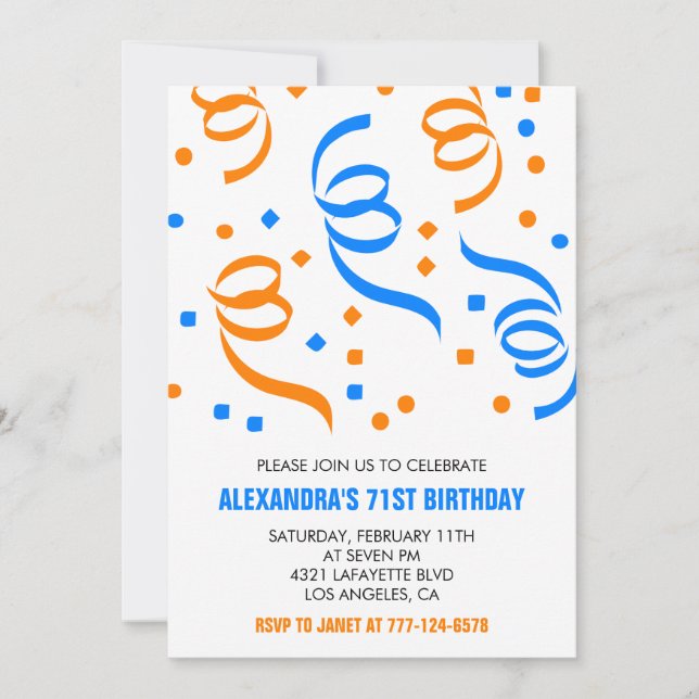 Classic Confetti Blue Orange 71. Geburtstag Einladung (Vorderseite)