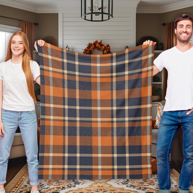 Classic Cosy Herbst Blau und Orange Kariert Fleecedecke (Classic Cozy Autumn Blue and Orange Plaid Fleece Blanket)