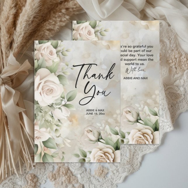 Classic Cream Floral Sage Green Blätter Hochzeit Dankeskarte (Classic and elegant ivory roses and sage green leaves wedding thank you card)