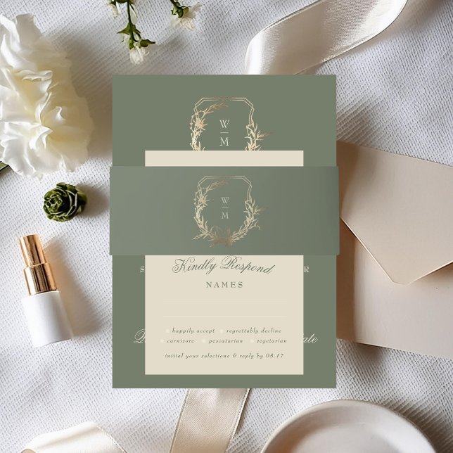 Classic Cream & Sage Monogram Gold Wappen Wedding  Einladungsbanderole (Von Creator hochgeladen)