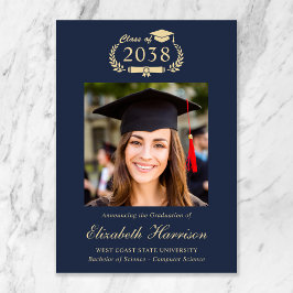 Classic Crest Blue Gold Photo College Graduation Ankündigung
