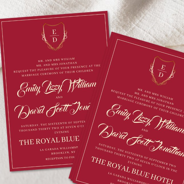 Classic Crimson Red Golden Monogram Whimsical Einladung (Von Creator hochgeladen)