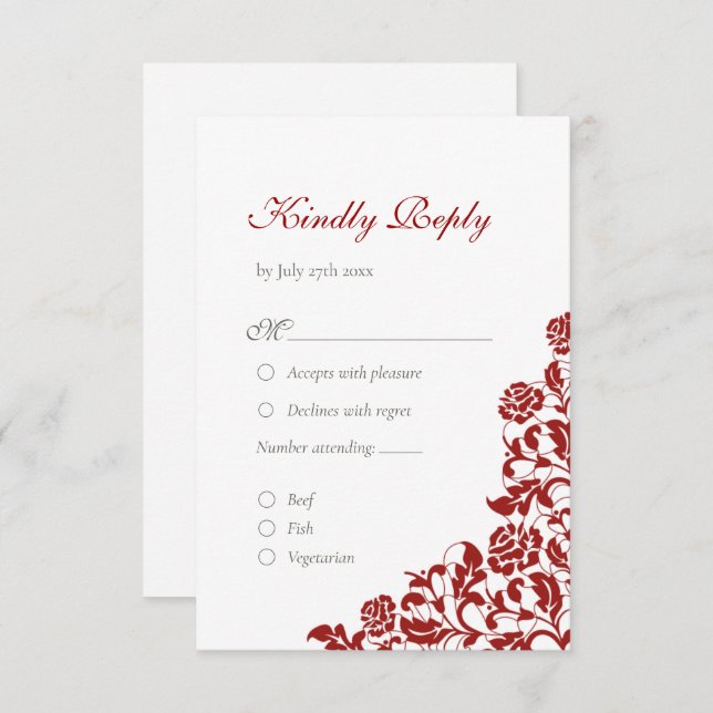 Classic Crimson Rose Red Lace Wedding RSVP Karte (Vorne/Hinten)