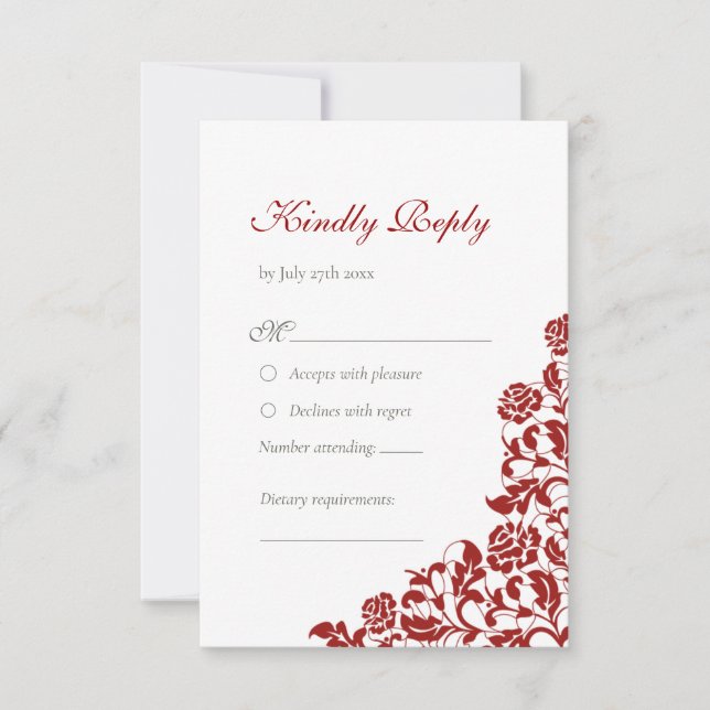 Classic Crimson Rote Rose Lace Floral Wedding RSVP Karte (Vorderseite)