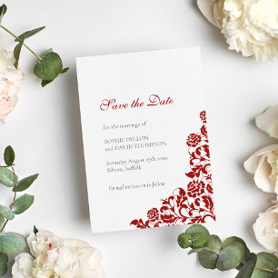 Classic Crimson Rote Rose Lace Pattern Wedding Save The Date
