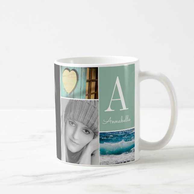 Classic Custom 6 Foto Collage Monogram Mint Green Kaffeetasse (Rechts)