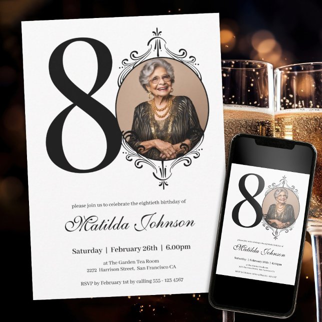 Classic Custom Foto Schwarz und Weiß 80. Geburtsta Einladung (Classic 80th Birthday Black and White Custom Photo Invitation)