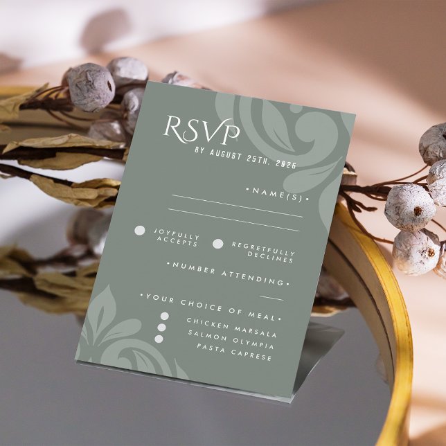 Classic Damask Earthy Sage Foto Wedding RSVP Karte (Von Creator hochgeladen)