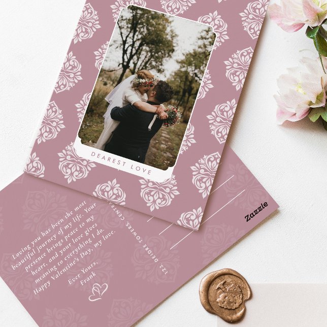 Classic Damask Elegant Script Valentine's Day Card Postkarte (Von Creator hochgeladen)