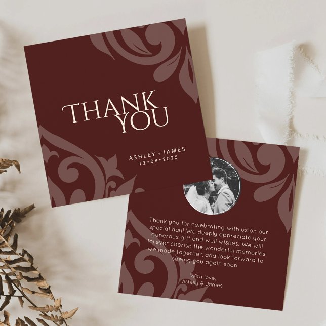 Classic Damask Elegantes Mahogany Rotes Foto Hochz Dankeskarte (Von Creator hochgeladen)