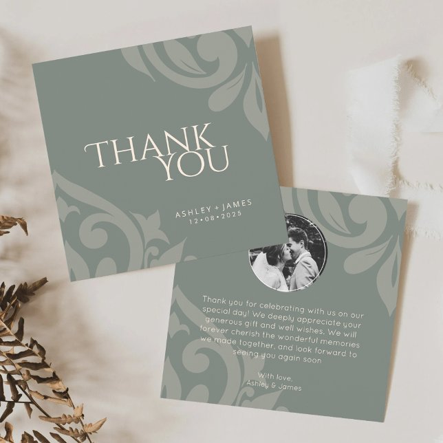 Classic Damask Elegantes Olive Foto Hochzeit Dankeskarte (Von Creator hochgeladen)