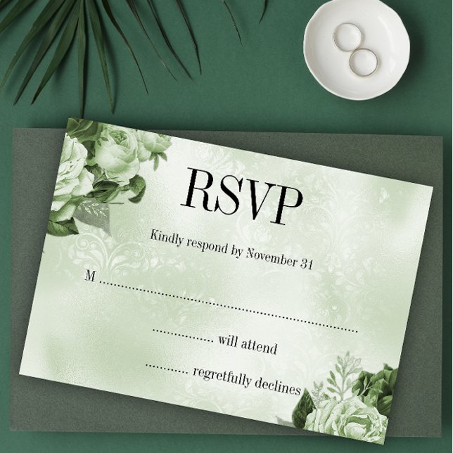Classic Damask und Rose Bouquet Green Wedding RSVP Karte (Von Creator hochgeladen)