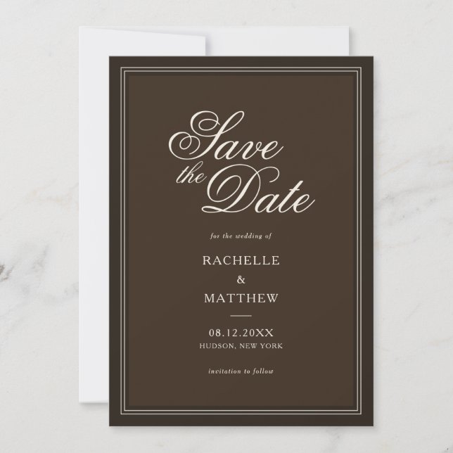Classic Dark Brown Old Money Wedding Save The Date (Vorderseite)