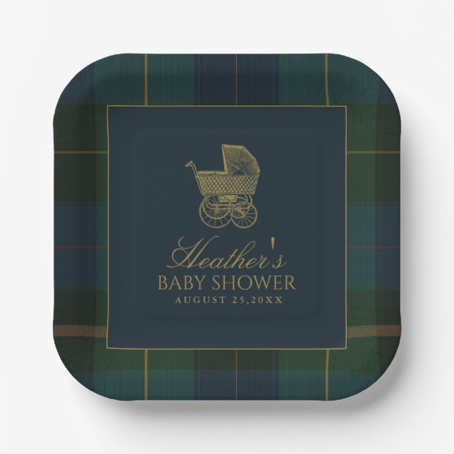 Classic Dark Green & Blue Plaid Baby Shower Pappteller (Vorderseite)