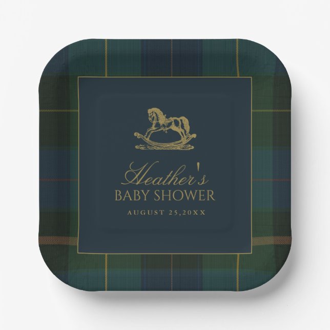 Classic Dark Green & Blue Plaid Baby Shower Pappteller (Vorderseite)