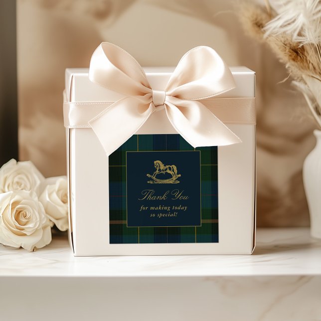 Classic Dark Green & Blue Plaid Baby Shower Quadratischer Aufkleber (Von Creator hochgeladen)