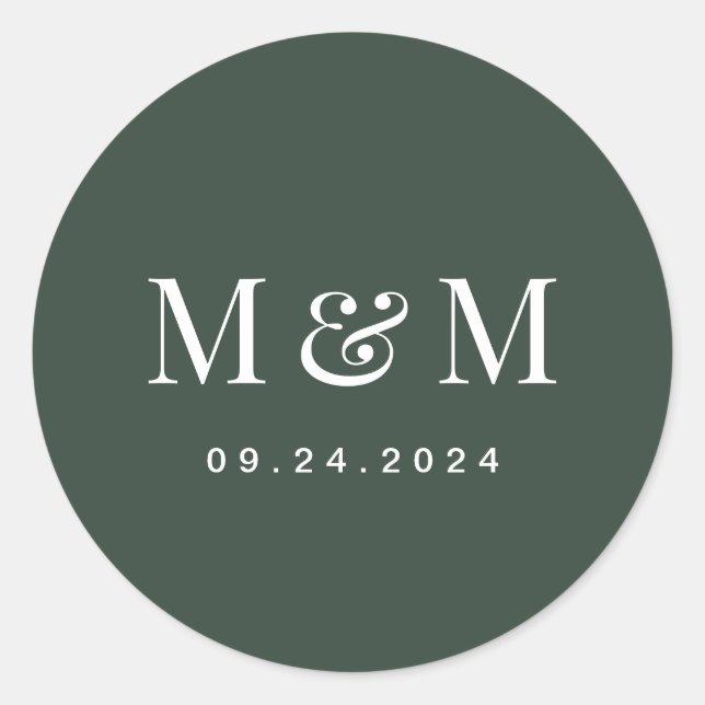 Classic Dark Green Monogram Typography Wedding Runder Aufkleber (Vorderseite)