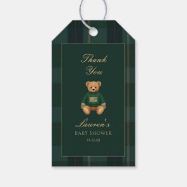 Classic Dark Green Plaid Bear Baby Shower Gift Tag Geschenkanhänger
