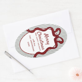 Classic Dark Green Stripes & Red Bow Christmas Ovaler Aufkleber