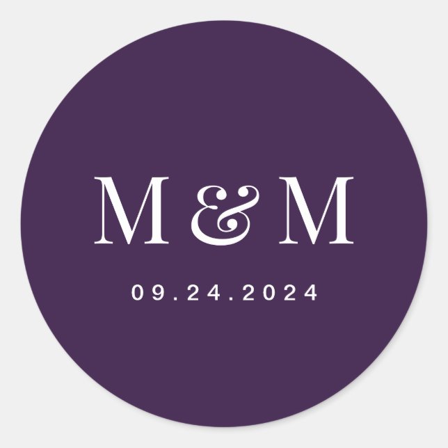 Classic Dark Purple Monogram Typography Wedding Runder Aufkleber (Vorderseite)