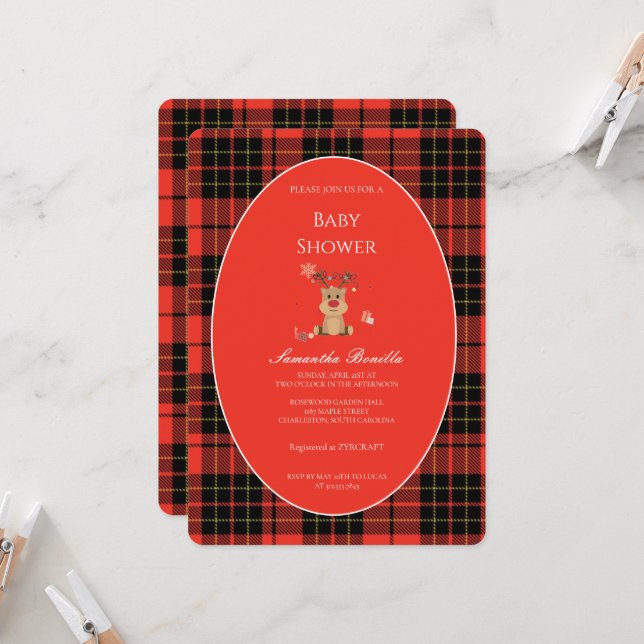 Classic Dark Red Plaid Baby Shower Invitation Einladung (Vorderseite/Rückseite Beispiel)