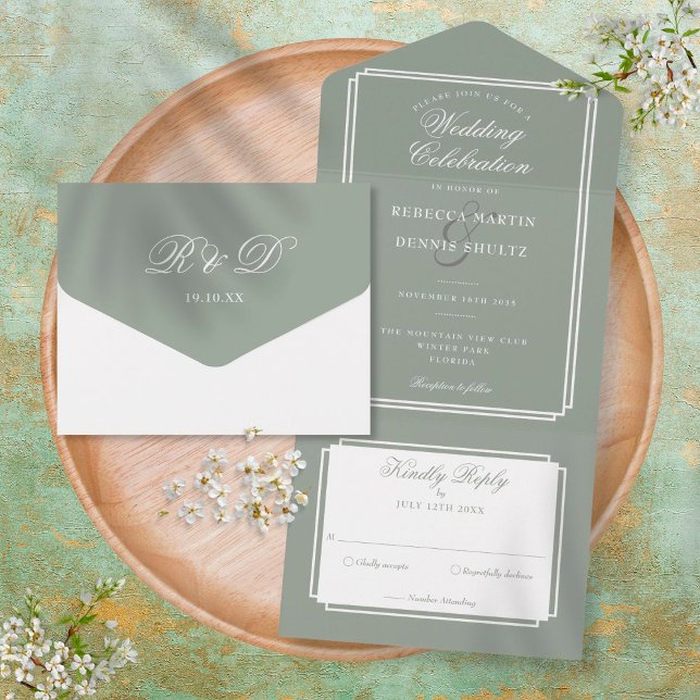Classic Deko Sage Green Monogram Wedding All In One Einladung (Von Creator hochgeladen)