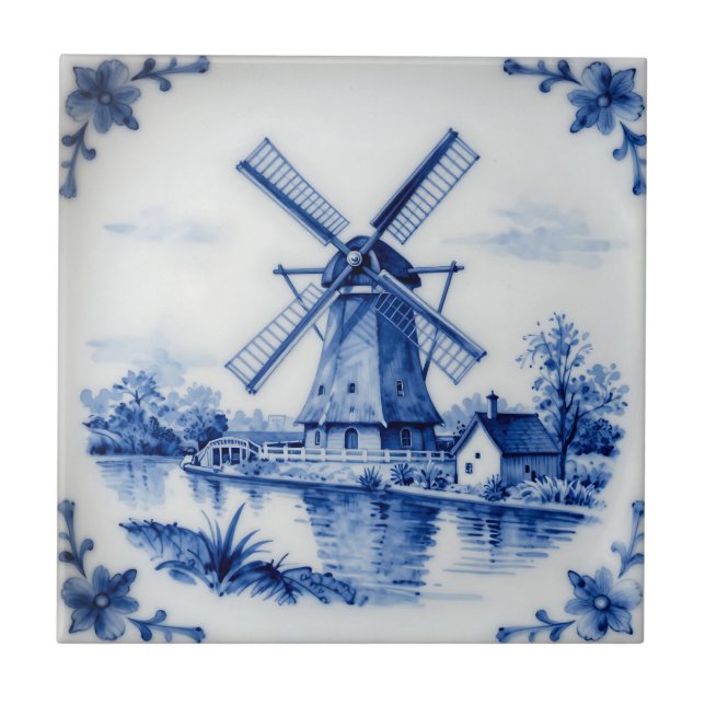 Classic Delft Blue Windmill Canal Scene Fliese (Vorderseite)