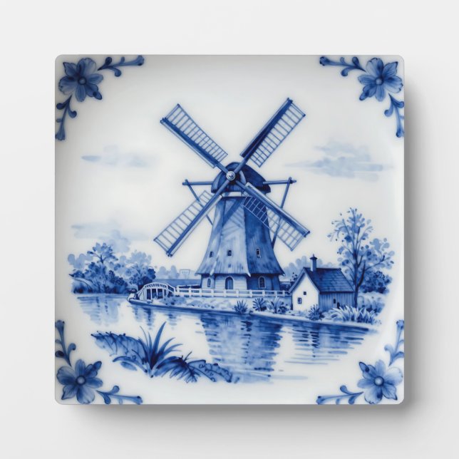 Classic Delft Blue Windmill Canal Scene Fotoplatte (Vorderseite)