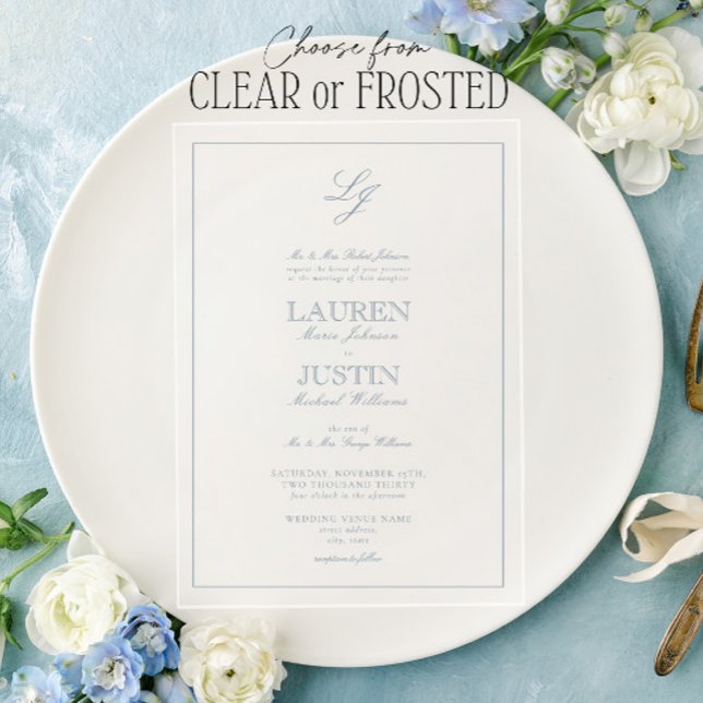 Classic Dusty Blue Calligraphy Monogram Wedding Acryleinladungen (Von Creator hochgeladen)