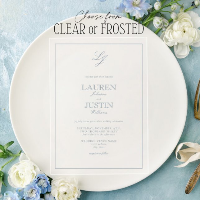 Classic Dusty Blue Calligraphy Monogram Wedding Acryleinladungen (Von Creator hochgeladen)
