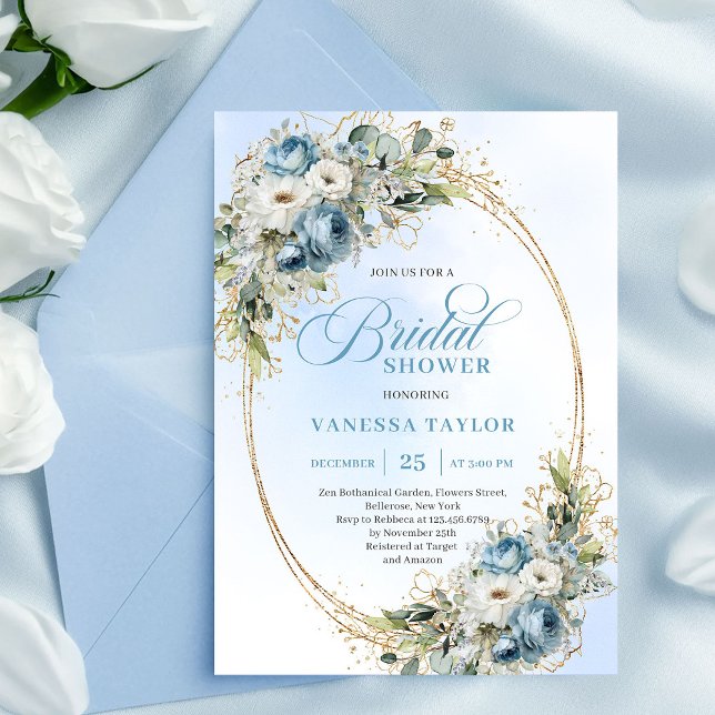 Classic Dusty Blue Floral Eucalyptus Bridal Shower Einladung (Classic Dusty Blue Floral Eucalyptus Bridal Shower Invite)