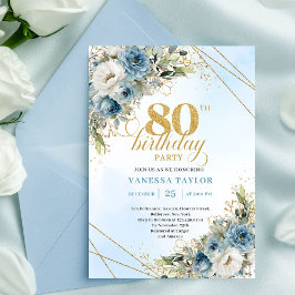 Classic Dusty Blue Floral Gold 80th Birthday Invit Einladung